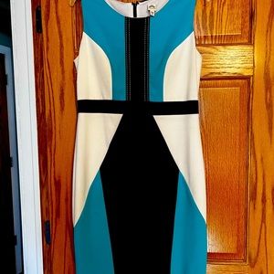 Figure flattering color blocked sleeveless dress.